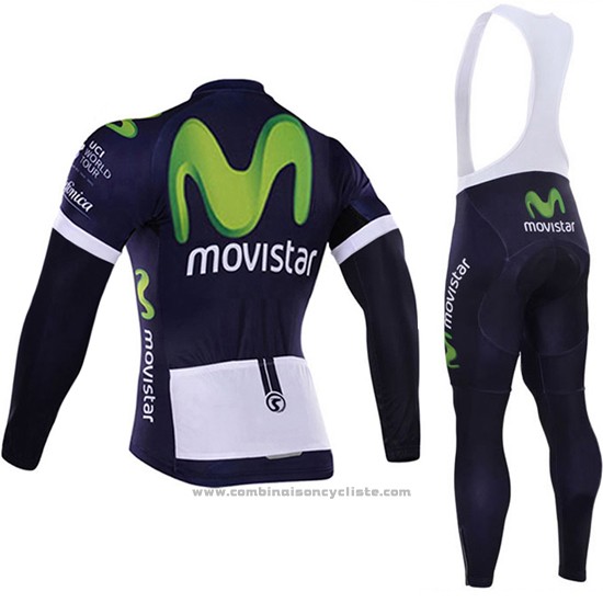 2016 Maillot Cyclisme Movistar Blanc et Bleu Manches Longues et Cuissard